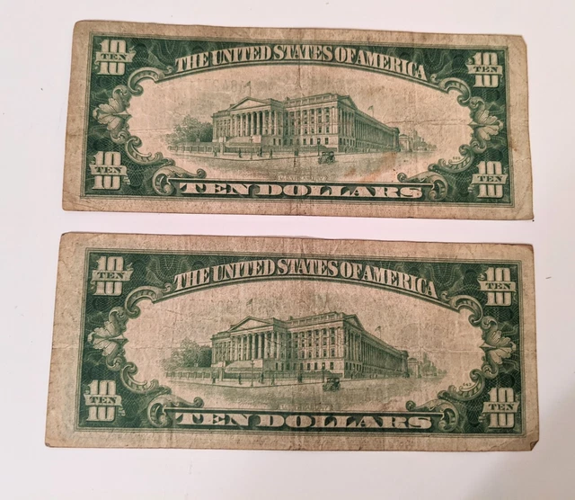 Lot/2 1934A $10 Ten Dollar Silver Certificate Bill Note Blue Seal 2
