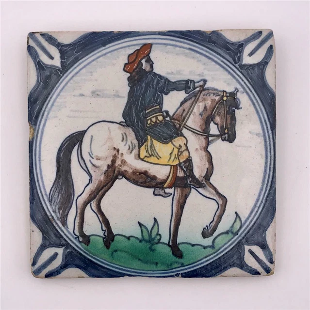 Antique Delft Blue Polychrome Faience Pottery 5" Tile Man on Horseback