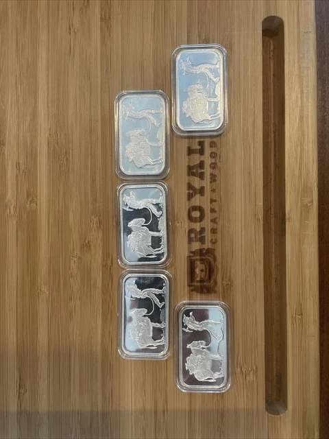 (5) Five 1 oz .999 Fine Silver Bar-  Silvertowne Retro Prospector w/acrylic case