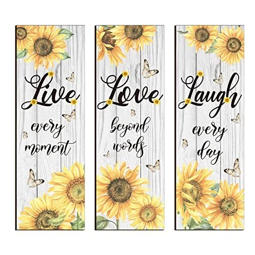 3 Pieces Sunflower Rustic Wood Sign Wall Decor Live Love and Laugh Quote Sign...