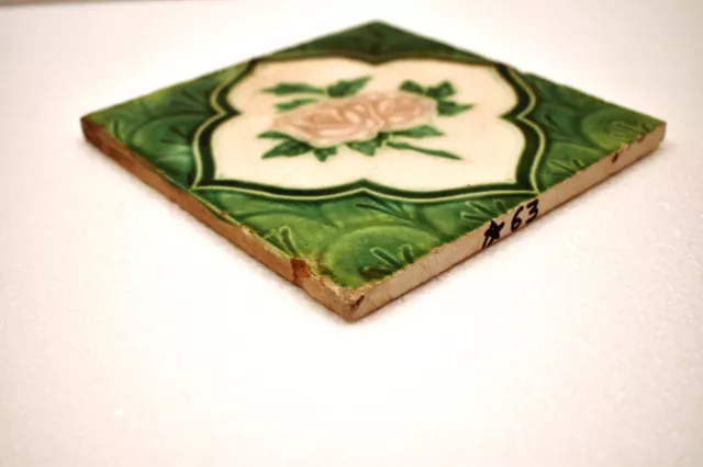 Antique Tile Majolica Art Nouveau Porcelain Floral Rose Design Wankaner Old "J63 3