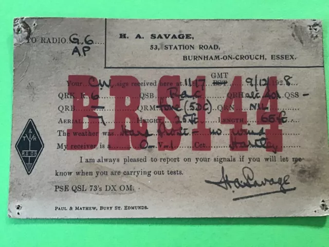 British QSL Radio Card 1928 BRS144 Burnham On Crouch Essex R44308