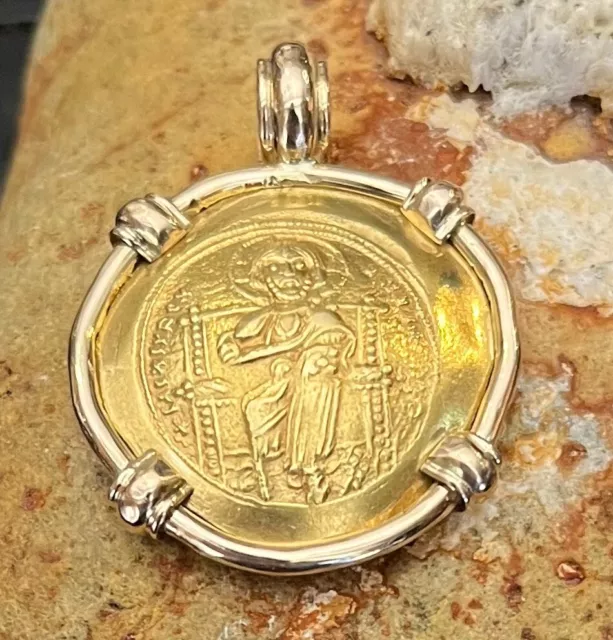 Gold Coin Authentic Ancient Byzantine 1059-1067 Christ Portrait set 14K Pendant