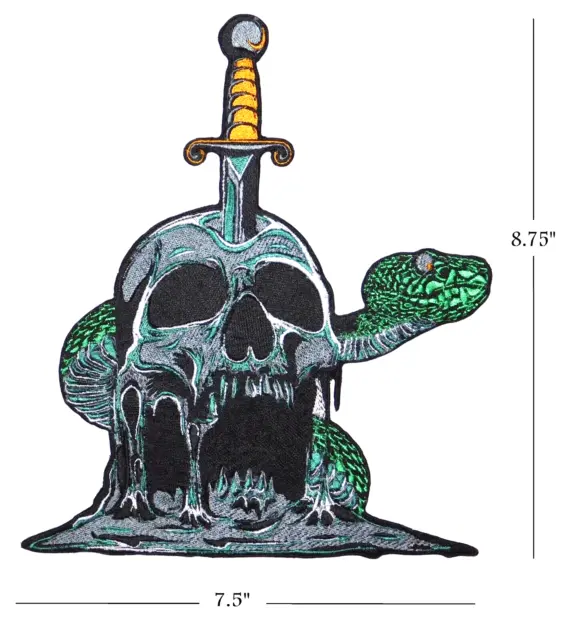 Fantasy SKULL with SWORD and VIPER SNAKE 100% Embroidered LARGE size 8.75 inch