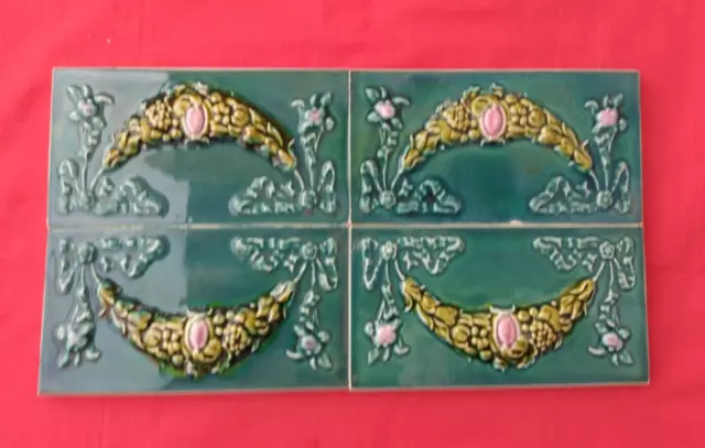 4 Piece Lot Old Art Deco Embossed Design Majolica Ceramic Tiles Japan 0100