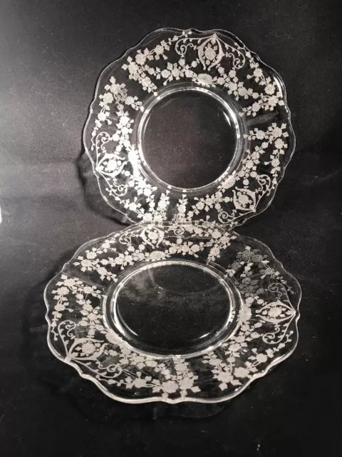 2 Cambridge DIANE CLEAR Etched Crystal Saucers with Scalloped Rim