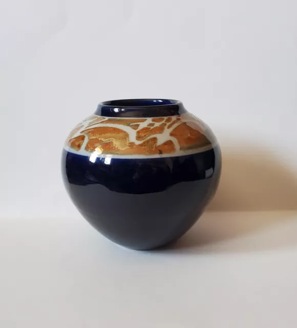 Stunning Handmade Studio Pottery Vase Signed Cobalt Blue Glaze Gold Band Collar