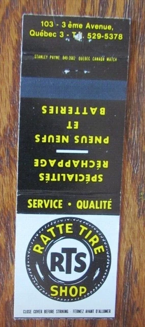 Tires Matchbook Cover: Ratte Tire Shop Quebec City Empty Matchcover -D2