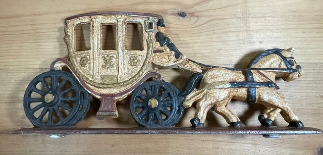 Vintage Cast Iron Horse and Carriage Doorstop Measures 16” Long Rare Find