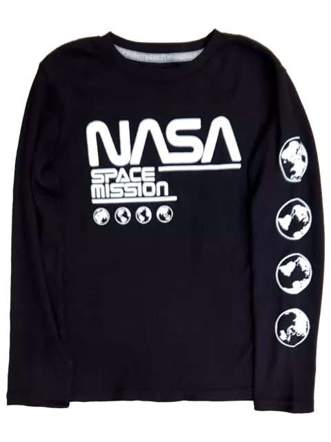 Boys Long Sleeve Black Waffle Knit Nasa Astronaut T-Shirt Tee Shirt Large 14-16