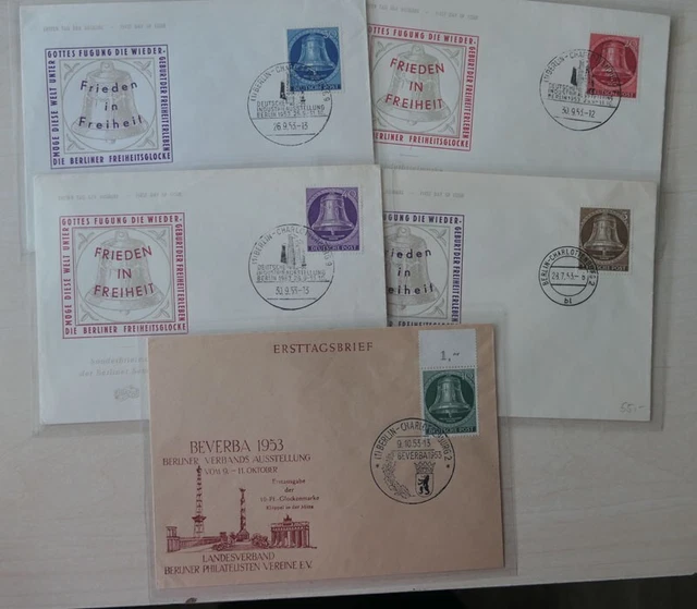 Berlin Nr. 101/05, Glocke Mitte 1953 auf 5 sauberen Schmuckumschlägen, meist FDC