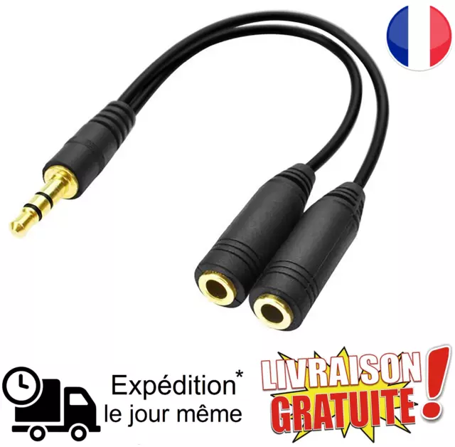 Câble Audio Noir Splitter Jack Mâle vers Double Jack Femelle 3.5mm (NEUF)