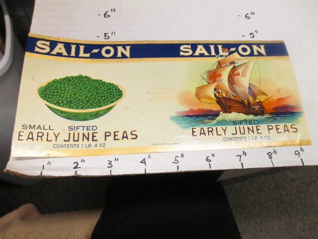 SAIL-ON June peas 1930s sailing ship tin can food paper label General Grocer