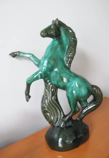 Canuck Pottery Evangeline Ware Green Rearing Horse Figurine  17" Canada c. 1960s