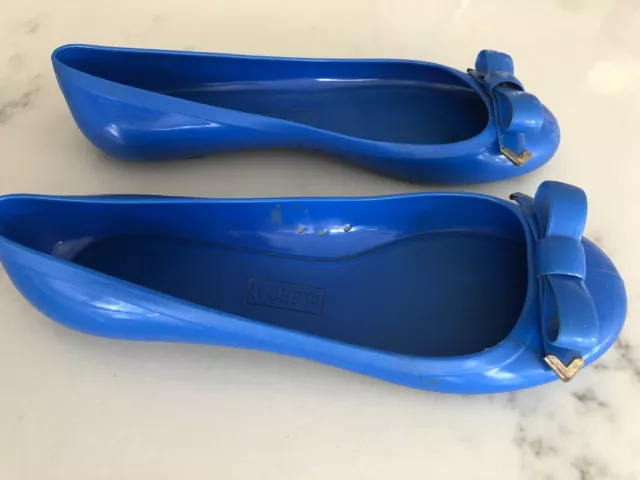 J Crew Womens Rainy Day Rubber Ballet Flats, Bright Blue With Rubber Bow, Size 8