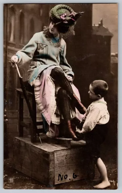 Colored RPPC Postcard~ Fancy Woman & Little Shoe Shine Boy~ Marked 1907