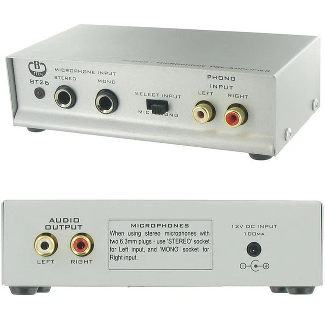 PREAMPLIFIER 6.35MM MICROPHONE/PHONO to Stereo RCA Preamp Turntable Amp BT26 EUR 64,83