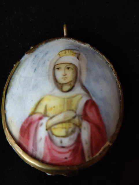 Antigüedad 19c Finift Pintado a Mano Icon Of St. Alexandra
