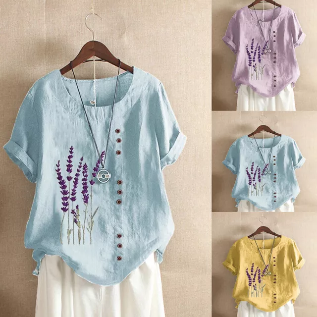 Women Cotton Linen Summer Floral Blouse Tops Ladies Short Sleeve Shirt Plus Size 3