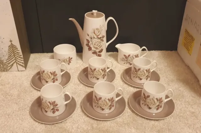 VINTAGE QUEEN ANNE BONE CHINA Coffee SET Autumn Roses 1960s