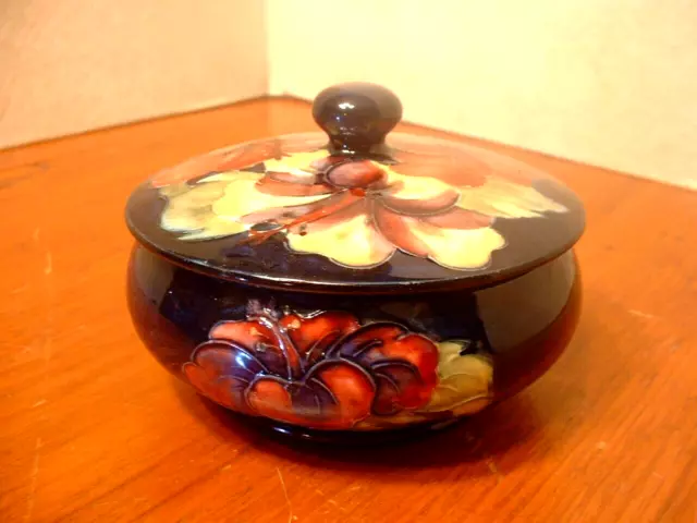 Vintage Moorcroft Art Pottery Cobalt Hibiscus Covered Box