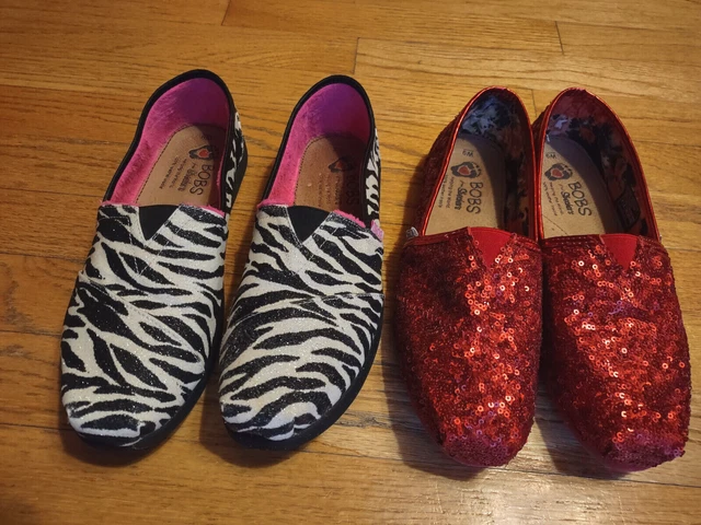 EUC Bobs By Skechers Slip Ons Women's Size 9 Zebra Glitter or Red Sequins