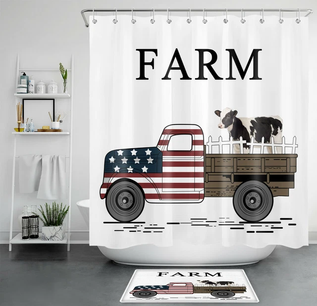 FARM ANIMAL COW Retro Farmhouse Truck Cattle Shower Curtain Set