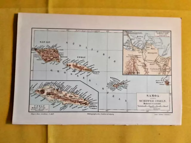 1897 ORIGINAL VINTAGE MAP Samoa Islands Rare Meyers Konversations-Lexikon C10-1