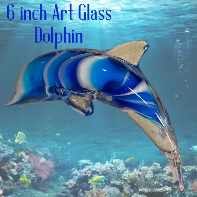 Hand Blown Art Glass Dolphin Figurine Paperweight Aqua White Blue Clear Swirl 6"