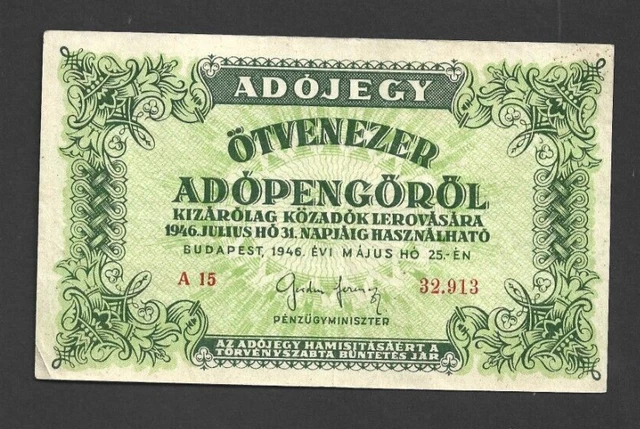 50 000 ADOPENGO VF BANKNOTE FROM  HUNGARY 1946 PICK-138a WITH SERIALS