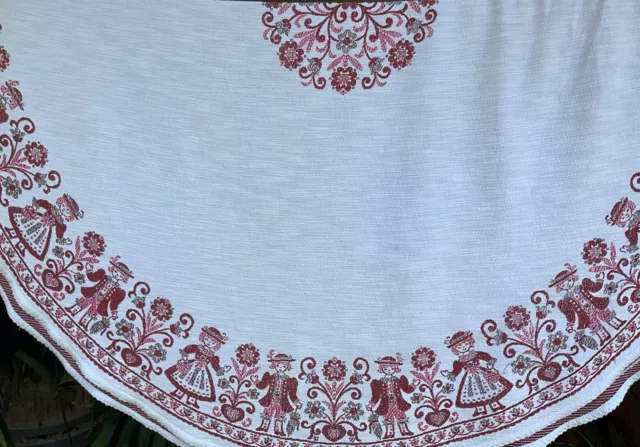 Vintage Pennsylvania Dutch Folk Art Couple Large Round Red and White Tablecloth