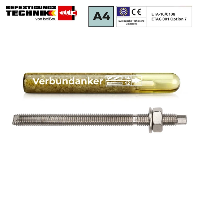 Cartucho de anclaje compuesto M12 + barra de anclaje A4 acero inoxidable M12 x160 mm cartucho de mortero