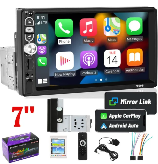 Single 1DIN 7" Car Stereo Radio Apple CarPlay FM BT USB Touch Screen MP5 Player