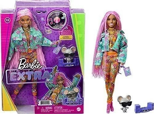 Barbie Extra Doll - Pink Braids - Rock Bold Fashion Doll no 10 With DJ Mouse Pet