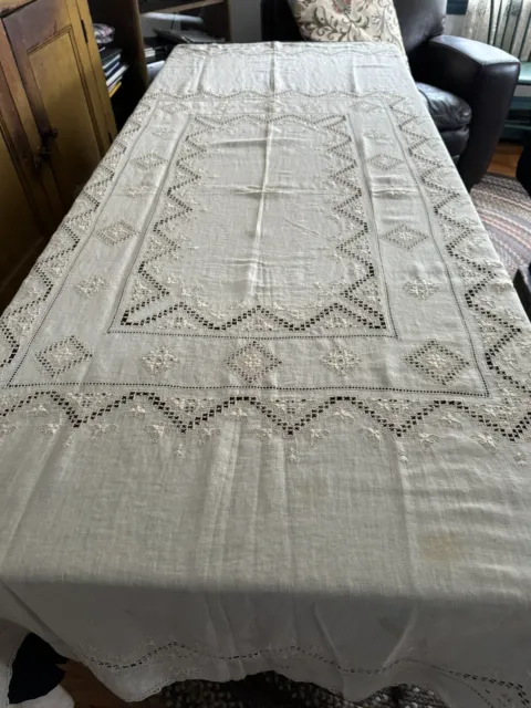 Antique Handmade Italian Whitework Embroidery Lace Banquet Linen Tablecloth