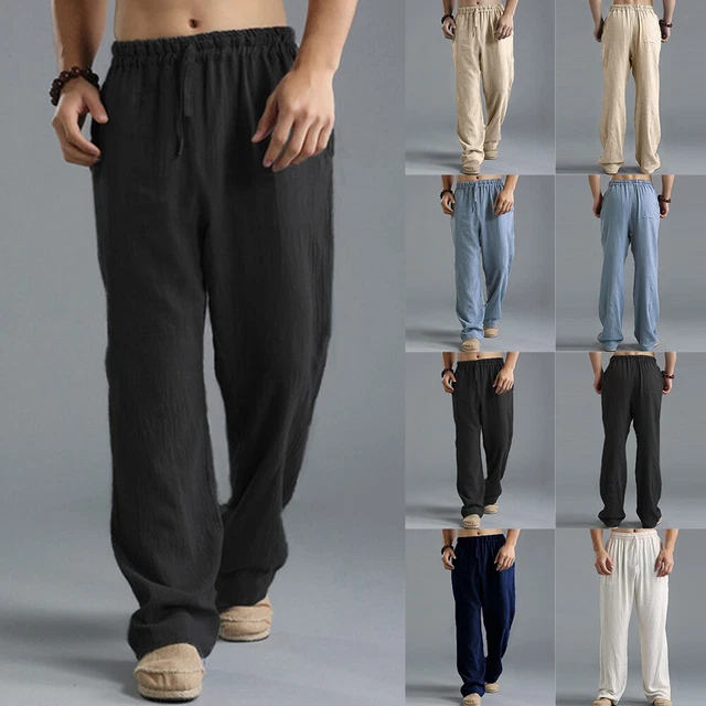 Mens Cotton Linen Pants Casual Straight Loose Beach Trousers Solid Elasitc Waist