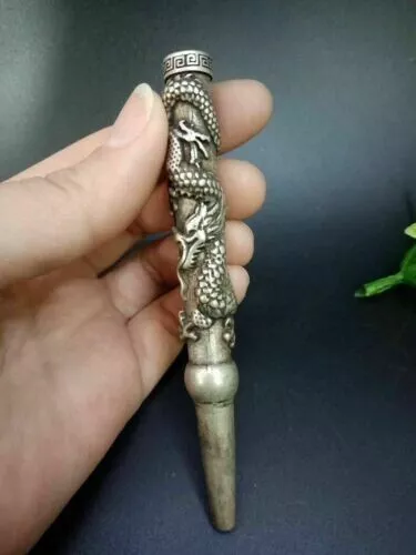 Old Chinese Tibet Silver Hand-Carved Dragon Cigarette Holder Smoking Tools Hot