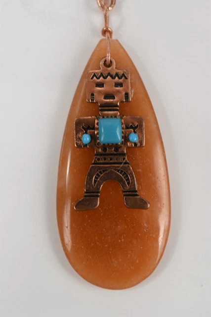 Aztec Motif Mixed Materials Pendant and 20" Copper Necklace Genuine Turquoise