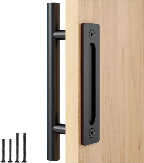 12&quot Heavy Duty Pull Flush Door Handle Set In Black, Sliding Barn - Fit Doors