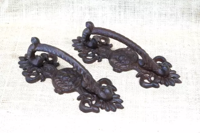 2 Large Handles Rustic Cast Iron Barn Door Handles Shed Gate Pulls Fancy 8 1/2"