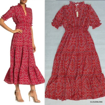 NWT MAX STUDIO  Red Tiered Smocked Floral Boho Maxi Dress Sizes L/XL