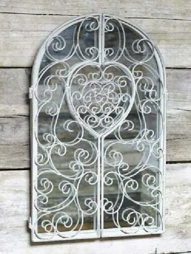 Large Distressed Rustic Garden Arched Grey Wall Mirror Scroll Filigree Shutter