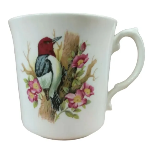 Bird  Mug Cup Red Headed Woodpecker Marlborough Bone China White Pink Flowers