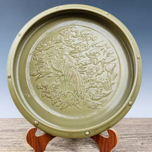 13.6" Rare China Porcelain Song dynasty Celadon Engrave poems Penwashing