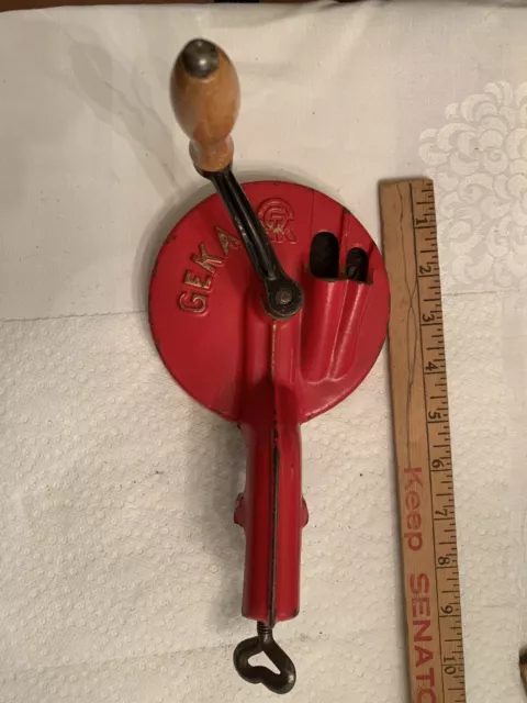 Vintage Geka Red Cast Iron Double Bean Cutter, Table Mount, Made In Holland