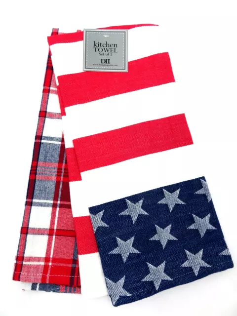 DII~ Patriotic Kitchen Towels 18 x 28 inches ~ Plaid/Flag Dishtowels ~ Set of 2