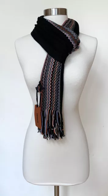 NWT Missoni Black Zig Zag Crochet Knit Fringe Scarf