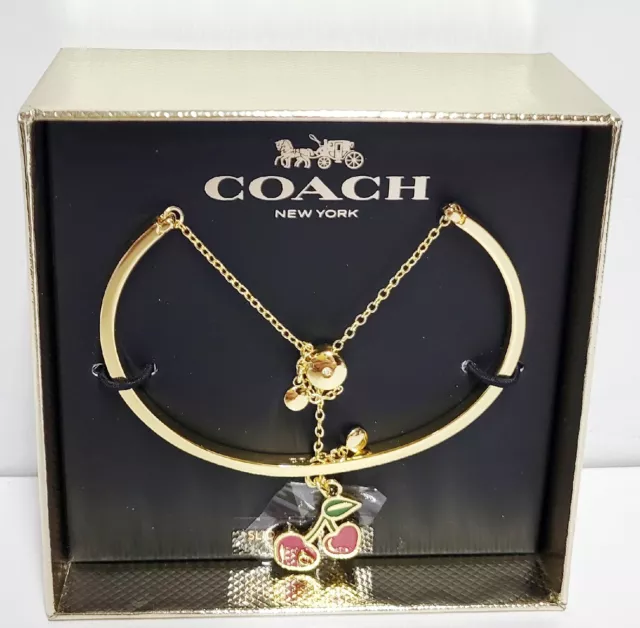 Coach Heart Cherry Charm Slider Bracelet in Gold Pink Goldtone Plated Brass NIB