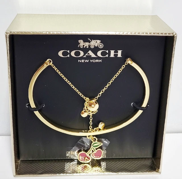 Coach Heart Cherry Charm Slider Bracelet in Gold Pink Goldtone Plated Brass NIB