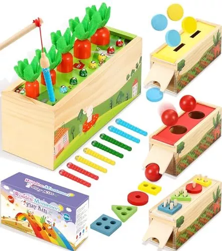 COOLJOYA Montessori Spielzeug ab 1 2 3 Jahr，5-in-1 Karotten Steckspiel Holz H...